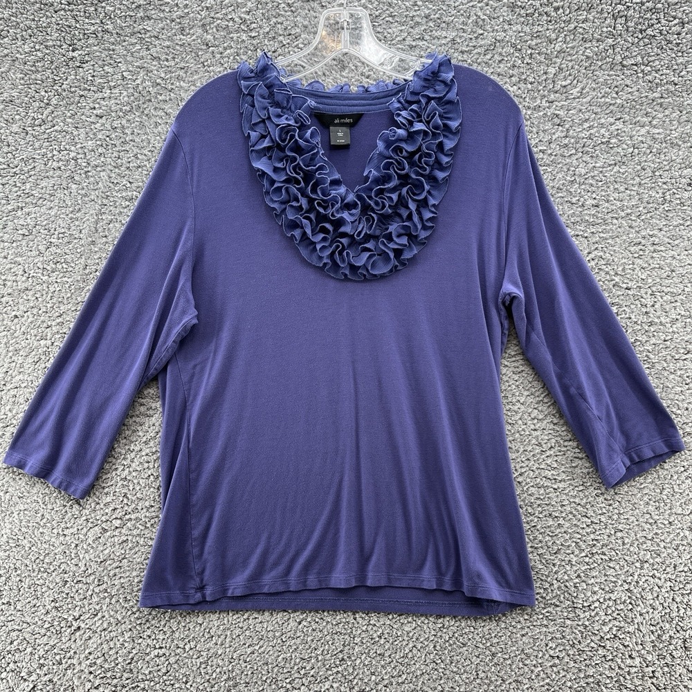 Ali Miles Top Womens Large Purple Lightweight Knit Ruffle Neck Layering Top
